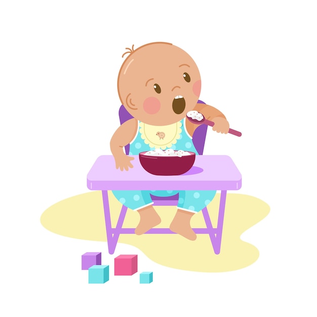 A charming baby in blue sliders is eating porridge.