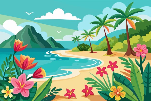 Vector charming beach with vibrant flowers blooming against a pristine white backdrop