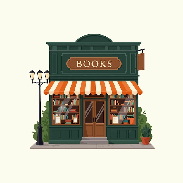 Очаровательное здание книжного магазина Иллюстрация Зеленый внешний книжный магазин