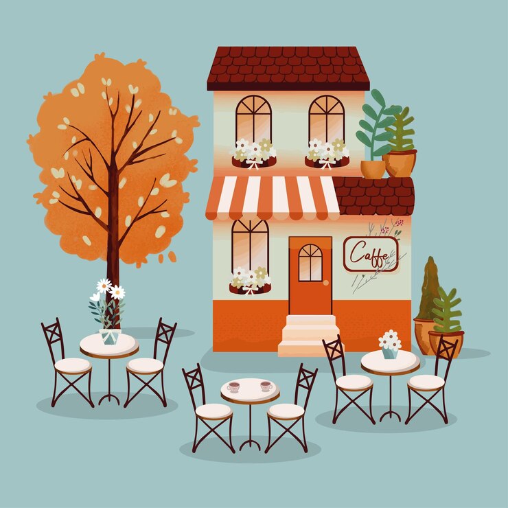 Vector charming cafe scene in autumn outdoor seating cozy atmosphere and seasonal tree illustration