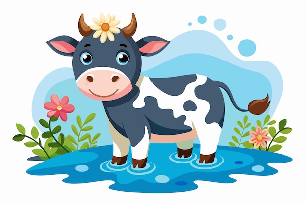 Vector charming cartoon cow adorned with vibrant flowers against a white backdrop