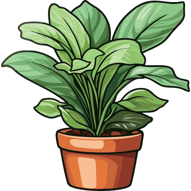 Affascinante pianta in vaso di cartone animato con foglie verdi vivaci e vaso marrone su uno sfondo bianco