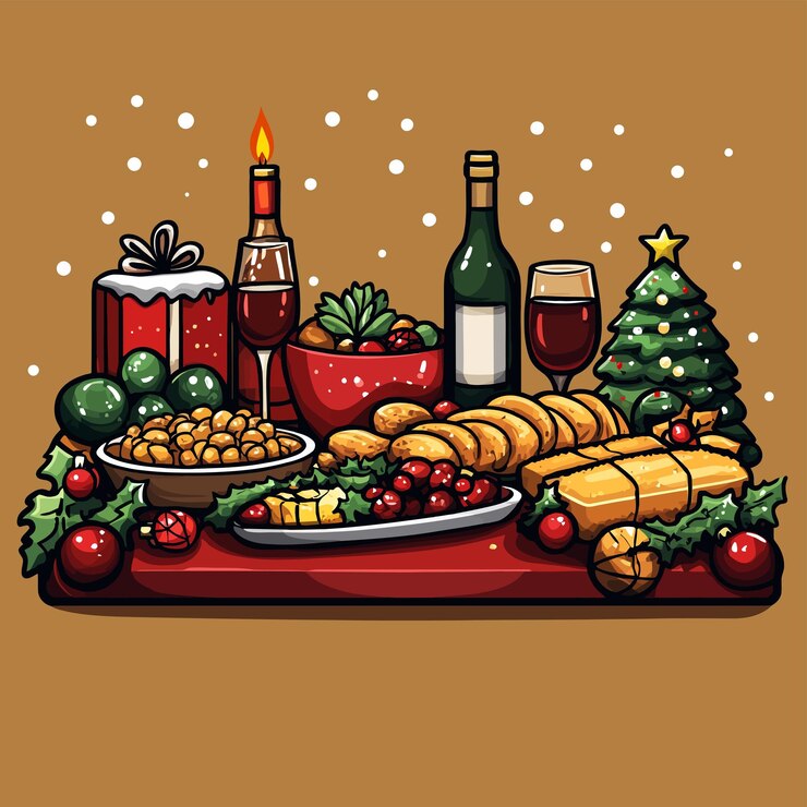 Vector charming christmas feast table cartoon illustration vector illustration