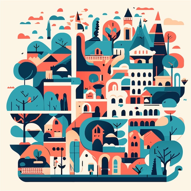 Charming Cityscape A Whimsical Flat Design Adventure