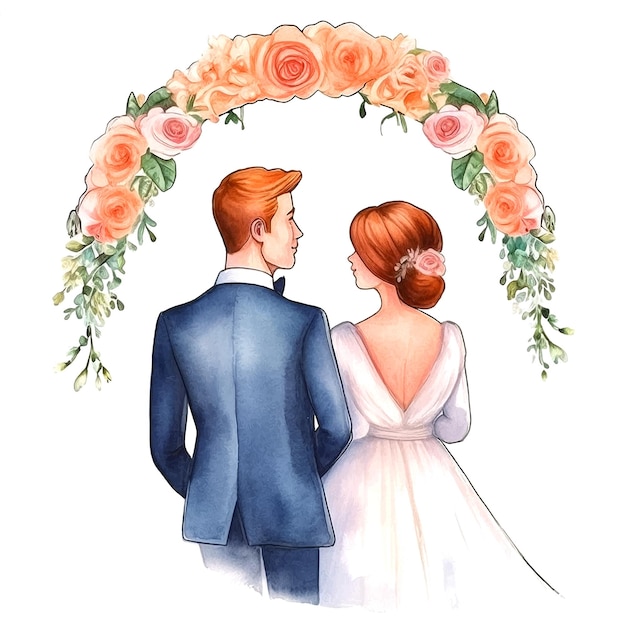 A charming couple at the altar watercolor ilustration