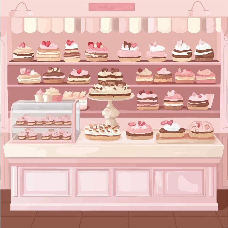 Vector 美味しいケーキを展示する魅力的で居心地の良いパン屋のベクトルイラスト