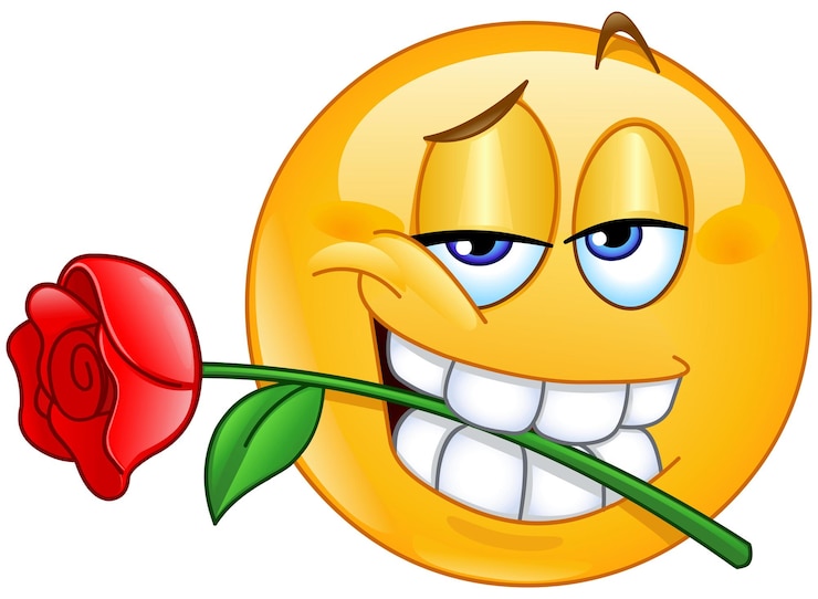 Vector charming emoji emoticon holding a red rose between his teeth