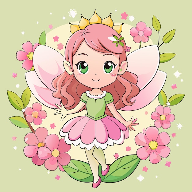 charming girl in flower fairy dress with blossoms cartoon vector