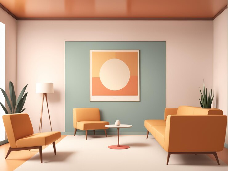 Vector charming living room decor warm colors elegant ambiance through orange furniture large painti