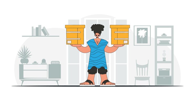 Vector charming man holding boxes in his hands a visual representation of the shipment of deliveries and freight