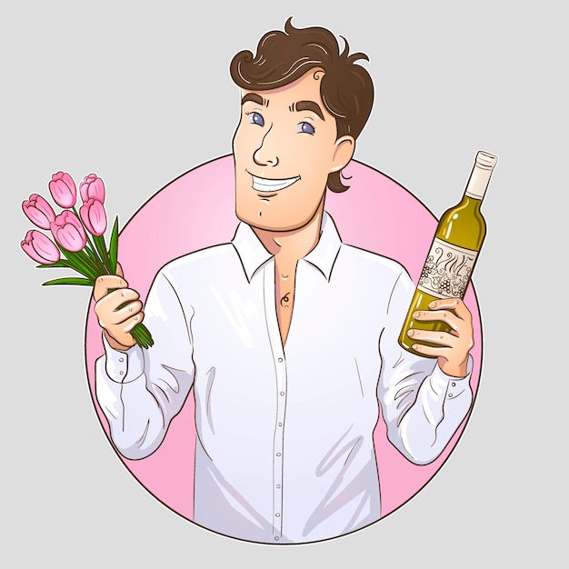 Charming man with a bouquet of flowers and a bottle of wine in his hands