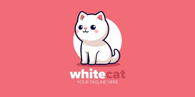 Очаровательный талисман, милый логотип kawaii white cat для зоомагазина, игрушки, еда и многое другое