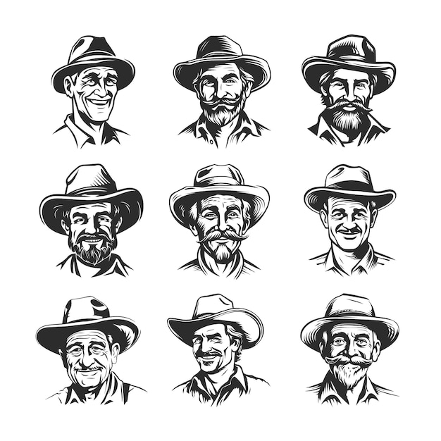 Charming Monochrome Farmer Portraits Vibrant Expressions and Positive Vibes in SingleColor Vector