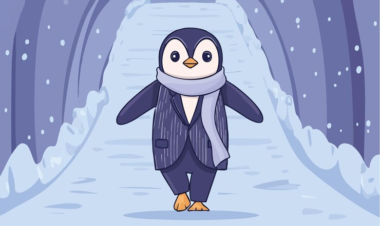 Vector charming penguin wandering on icy terrain