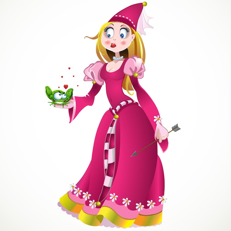 Vector charming princess holding a frog