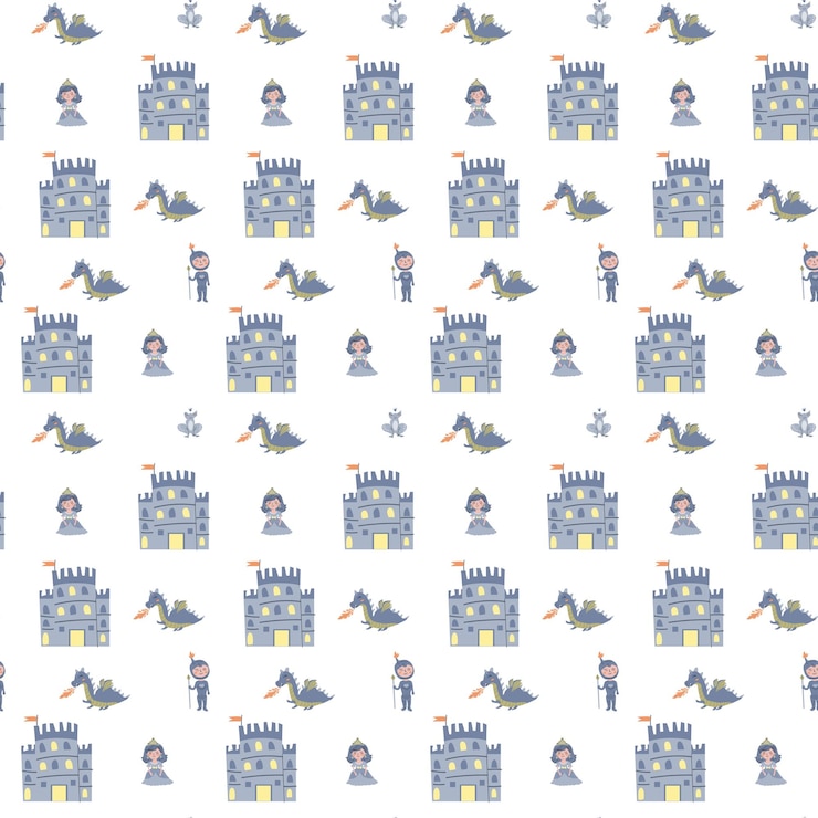 Vector charming princess pattern with castles dragons and knights for textile design or gift wrap