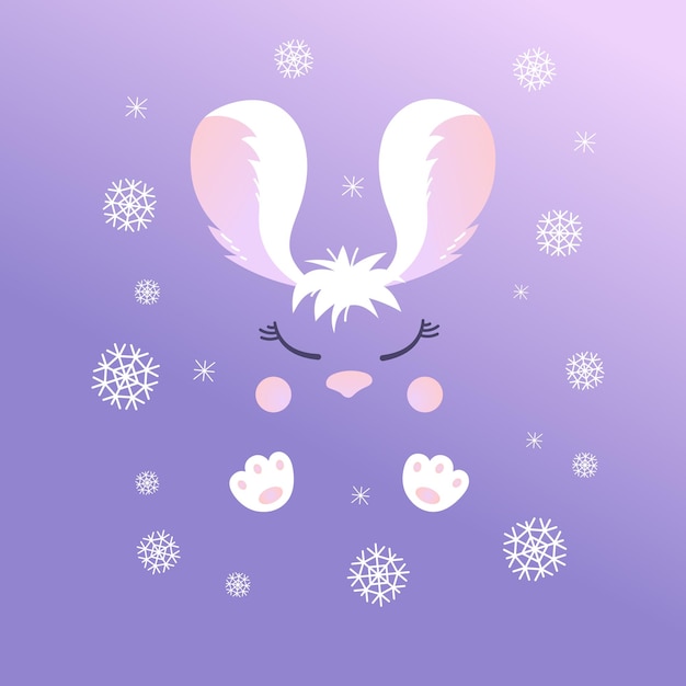 Vector charming rabbit with big ears in snowflakes