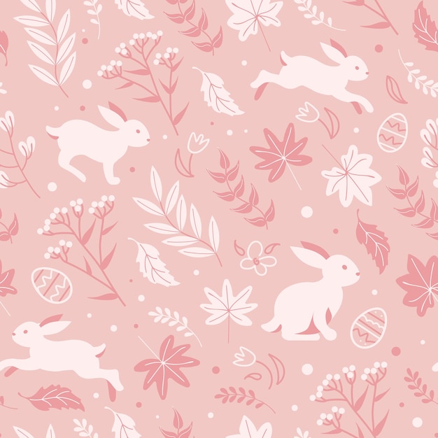 Affascinanti conigli saltano nel prato primaverile buona pasqua modello rosa monocromatico senza cuciture uova di cioccolato margherite e tulipani in stile cartone animato per la stampa di carta da parati su involucro di tessuto