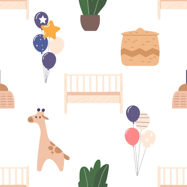 Charming Seamless Pattern Depicting Adorable Newborns Meeting Items such as Gift Toys Potted Plant Balloons Capturing The Beauty And Innocence Of These Precious Moment Cartoon Vector Illustration