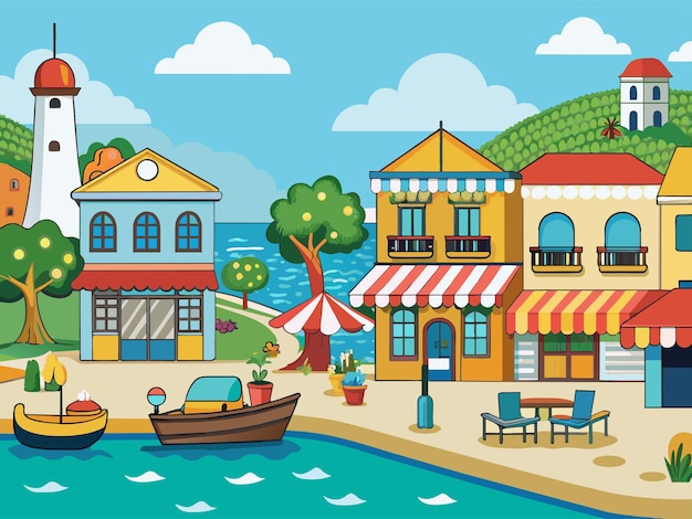 Vettore un'affascinante città balneare con negozi e caffè pittoreschi illustrazione