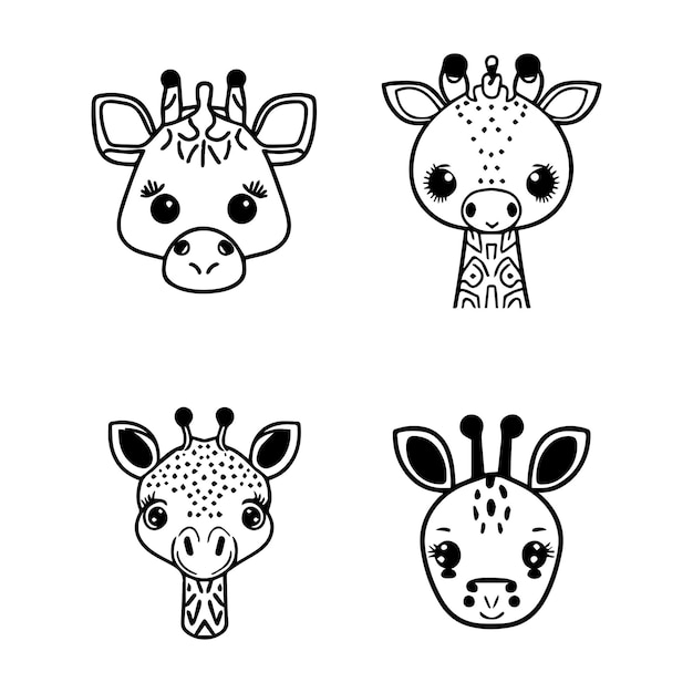 A charming set of Hand drawn line art illustrations featuring cute anime giraffe heads