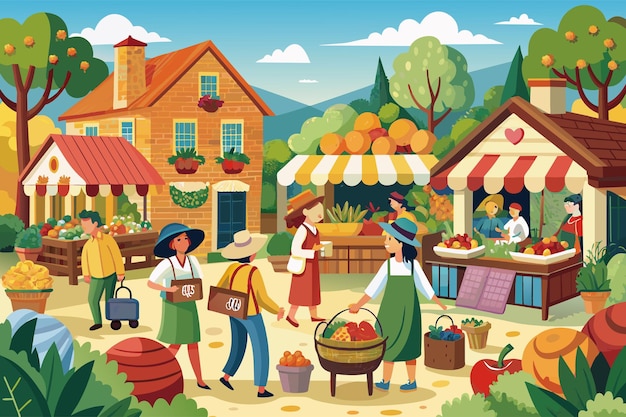 Vector charming village market with vendors selling fresh produce and handmade goods illustration