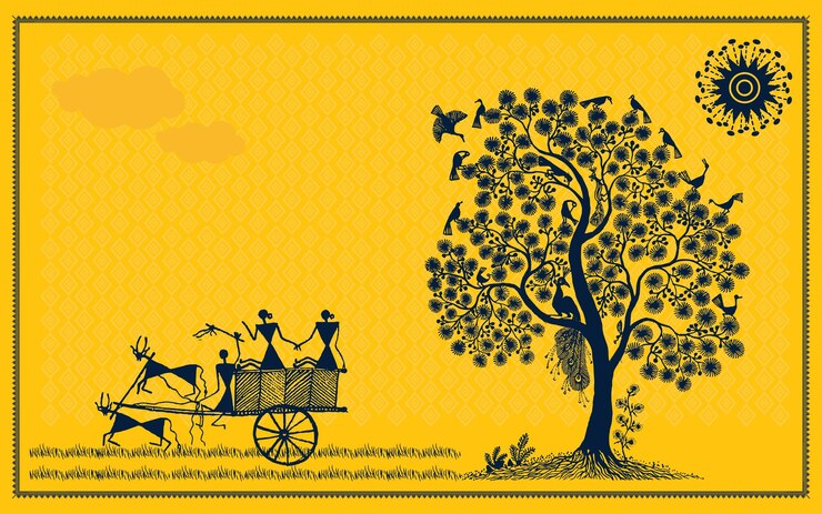 वेक्टर charming warli art serene countryside with bullock cart and majestic tree warli art bullock cart