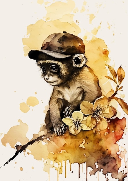 Charming Watercolor Painting of a Playful Monkey