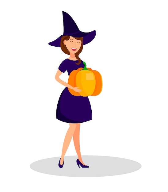 Charming Witch Holding Pumpkin Vector Illustration