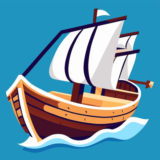 Вектор Очаровательная деревянная лодка иллюстрации шаржа старинные парусники винтажная деревянная парусная лодка значок корабля