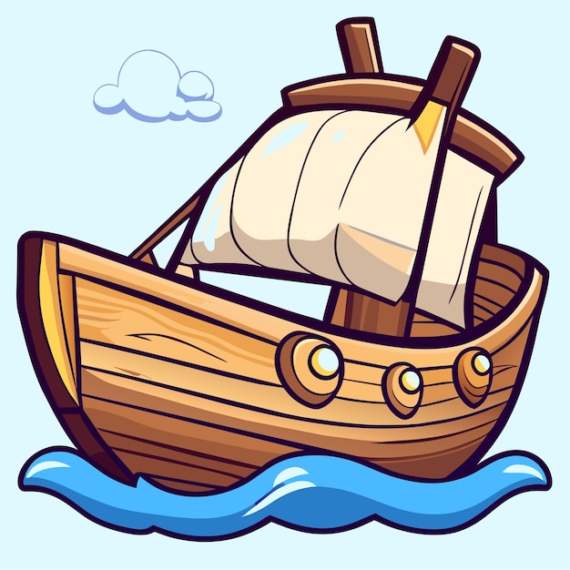 Vector charming wooden boat cartoon illustration vintage sailboats vintage wooden sail boat ship icon