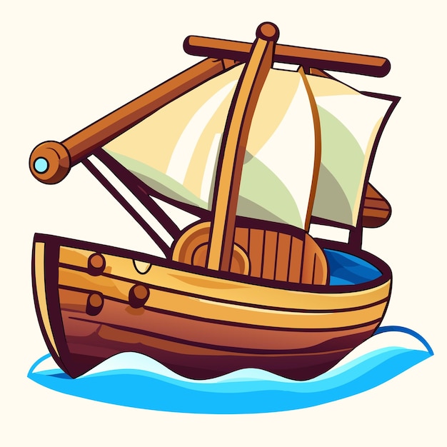 ベクトル 魅力的な木製ボートの漫画イラスト ビンテージ ヨット ヴィンテージ木製帆ボート船のアイコン