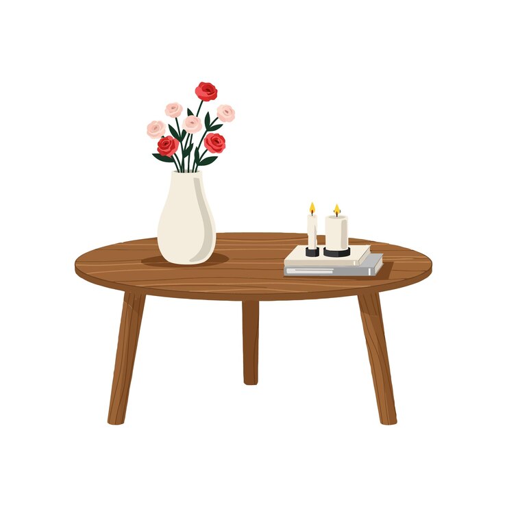 Vector a charming wooden coffee table with a floral vase candles and books in a cozy minimal design style showcasing modern vector art