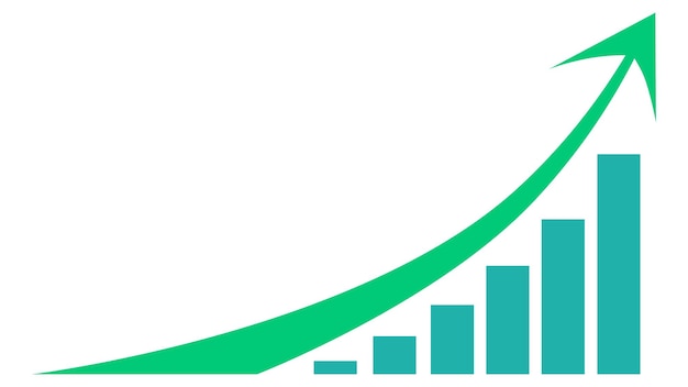 白い背景のデザイン要素に分離された緑の色でグラフと上向きの矢印の正面図