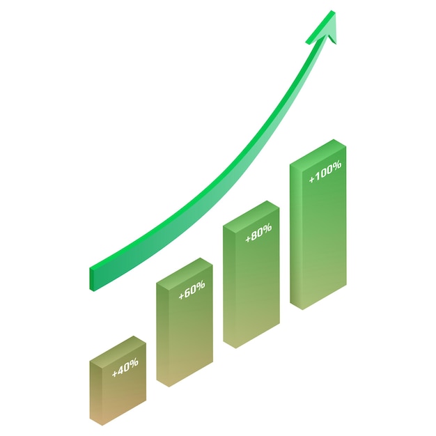흰색 배경에 고립 된 녹색 색상의 차트 및 위쪽 화살표 아이소 메트릭 디자인 요소
