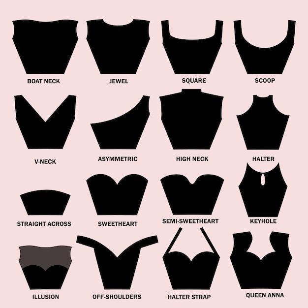 A chart of different types of bras including one that says'queen's neck '