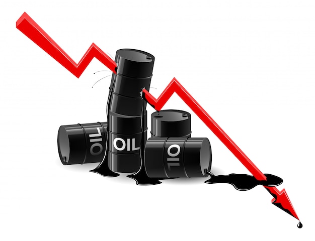 Vettore il grafico della caduta del prezzo del petrolio. la linea colpisce i barili. prezzo basso. i barili stanno cadendo.