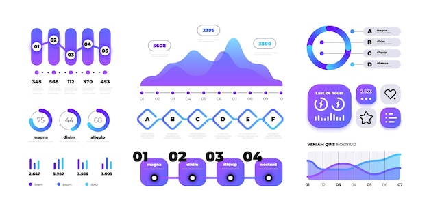 차트 infographic 다채로운 그라데이션 막대 다이어그램 및 숫자 원 그래픽 템플릿 벡터 격리 된 세트와 타임 라인 흐름