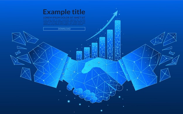 Chart with up arrow hologram and businessmen handshake on low poly electric blue background business