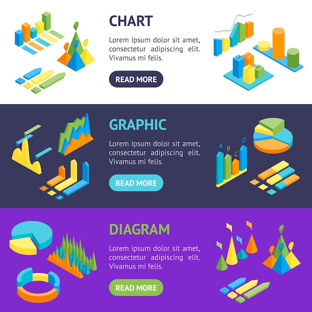 Charts and Graphs Banner Horizontal Set 3d Isometric View Vector