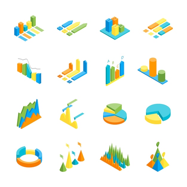 Charts and graphs icon set 3d isometric view vector