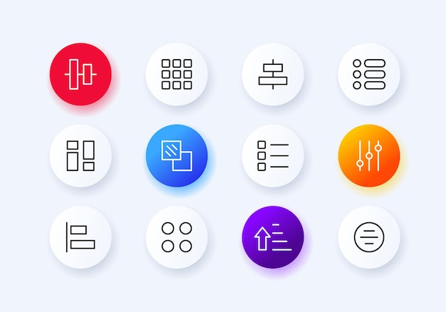 Charts set icon Tables columns rows sliders controls arrows shapes circles Buttons for presentations Data analysis concept Neomorphism style Vector line icon for Business and Advertising