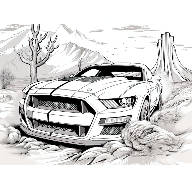 chasing a Ford Mustang Shelby GT500 in a desert Best Hand Draw Colorful Book EPS