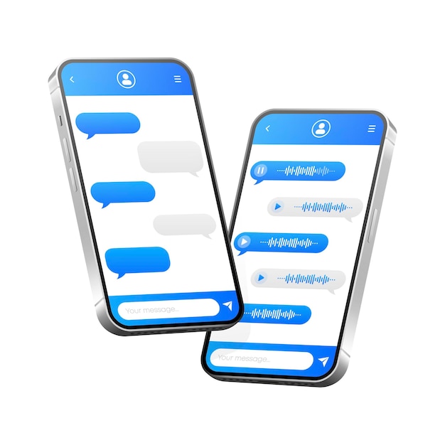채팅 앱 모형 스마트폰 메신저 통신 응용 프로그램 UI 템플릿 메시징 및 연락처 화면 단추가 있는 모바일 인터페이스 디자인 모음 벡터 그림