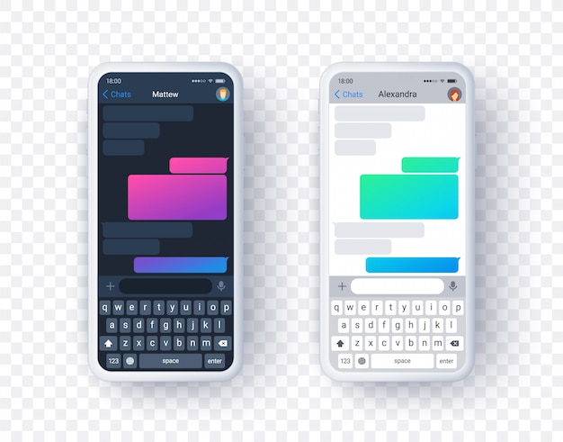 Vector chat app screen in light and dark mode, gradient text box with keyboard in flat style. background.