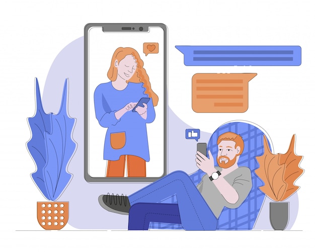 Chat-applicatie op smartphone illustratie, man zittend in stoel en vrouw op smartphonescherm, man die vinger op mobiel voor vrouw opgeeft. Vrouw geeft als voor man.