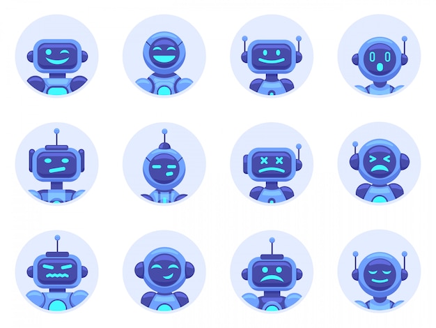 Avatar bot di chat. avatar dell'assistente digitale robot, bot di assistenza online del computer, icone dell'illustrazione dei robot di aiuto della macchina virtuale messe. supporto informatico, bot virtuale di servizio, robot di chat