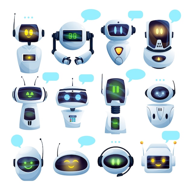 Vector chat bot or chatbot robot cartoon characters