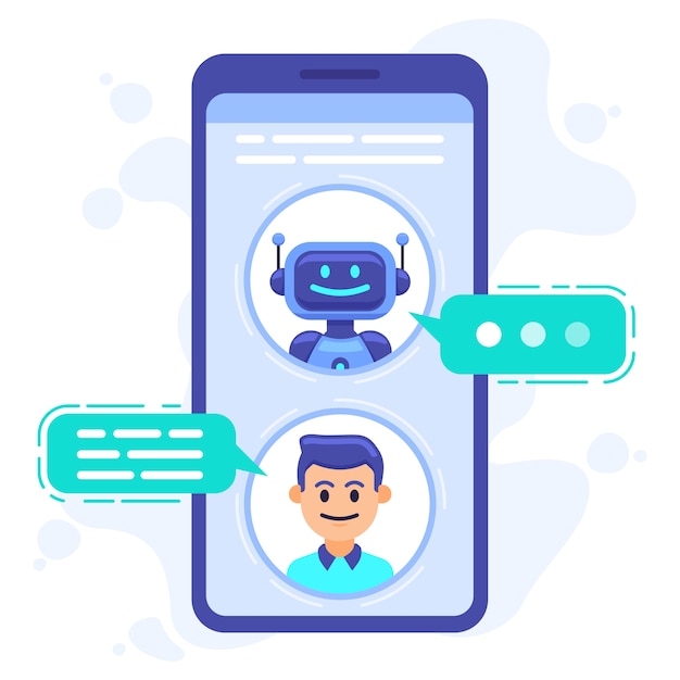 Chat bot communication. Smartphone chatting with conversation bot, chat assistant bot at cellphone screen, robots sms dialog  illustration. Robot communication conversation chatting