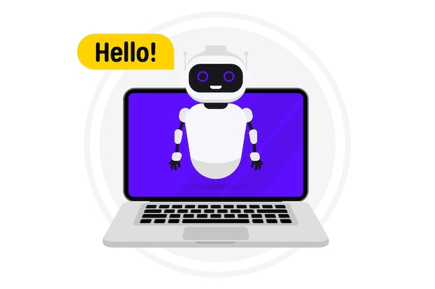 Vettore chat bot nel portatile assistente online comunicazione con un chat bot sul portatile parlare con un chatbot sul dispositivo intelligenza artificiale bot di servizio e supporto clienti supporto tecnico